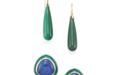 TWO PAIRS OF SILVER, GOLD, LAPIS LAZULI AND MALACHITE EARRINGS...
