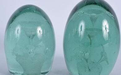 TWO VICTORIAN DUMP GLASS PAPERWEIGHTS. 13 cm high. (2)