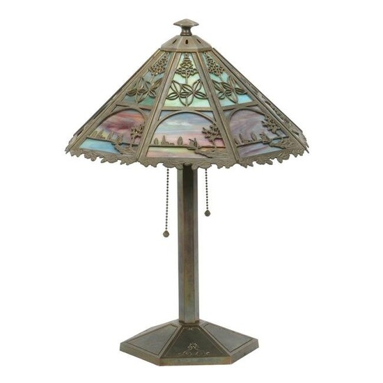 Table Lamp, Slag Panel Shade, Eight-Sided