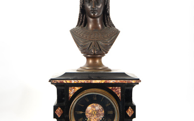 Table clock in red and black marble, with bronze bust...