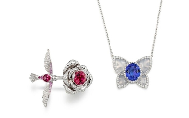 Tanzanite, Chalcedony and Diamond Pendent Necklace; and Pink Spinel and Tourmaline Ring | 坦桑石、玉髓 配 鑽石 項鏈; 及 粉紅尖晶石 配 碧璽 戒指