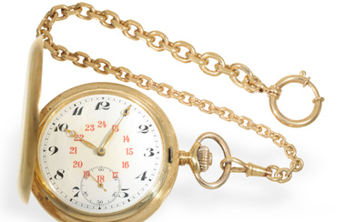 Taschenuhr: feine Goldsavonnette mit Präzisionswerk und goldener Uhrenkette, Record Watch...