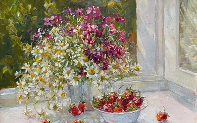 Tatiana Megal (1961-) - Fraises et Fleurs à la Fenêtre