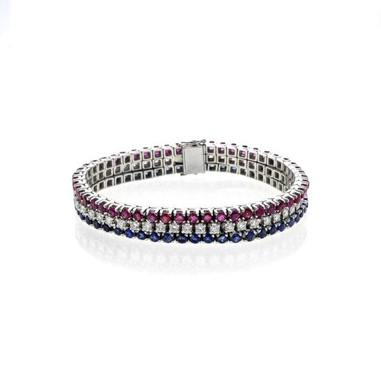 Tennis bracelet in white gold with rubies, diamonds and sapphires