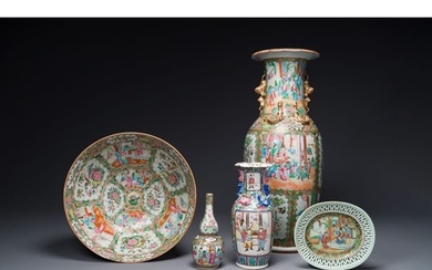 Three Chinese Canton famille rose vases, a large bowl and a ...
