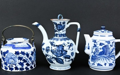 Three Chinese Porcelain Blue & White Tea Pots