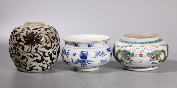 Three Chinese Porcelains, 2 Jars, 1 Incense Burner