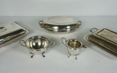 Three Silver Plate Entree DIshes and Covers, and 4 miniature crystal sherry glasses