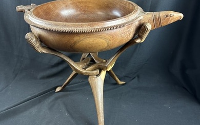 Tribal Carved Wooden Bowl on Tripod Carved Stand