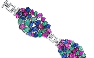 Tutti Frutti 50.10 Ct Sapphires and Ruby, 25.10 Carat Emerald, 2.80 Ct Diamonds Multi Row - 14 kt. White gold - Bracelet - NO RESERVE