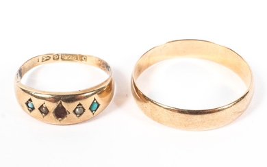Two 9ct gold bands one set with turquoise and split pearl