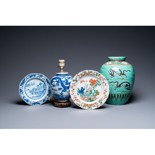 Two Chinese blue and white and famille verte dishes and two ...