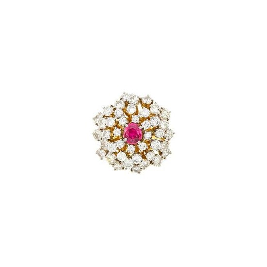 Two-Color Gold, Ruby and Diamond Cluster Ring