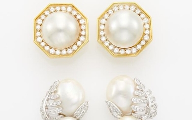 Two Pairs of Gold, White Gold, Cultured Pearl and Diamond Earrings