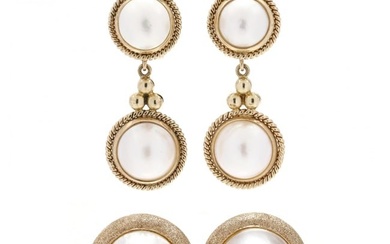 Two Pairs of Gold and Mabé Pearl Earrings