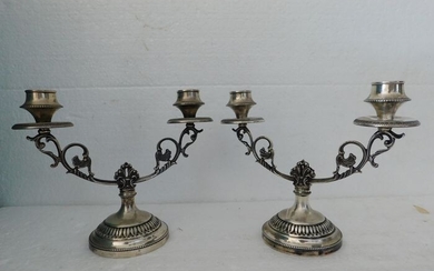 Two ancient two-armed candlesticks (2) - .800 silver - Italy - First half 20th century
