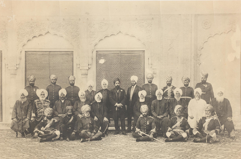 Two large group photographs of Maharajah Hira Singh of Nabha State (reg. 1871-1911), his heir (and later Maharajah) Prince Ripudaman Singh, and courtiers