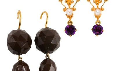 Two pairs of gemstone and gold earrings