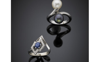 Two pearl, sapphire and colourless gem steel and white gold rings, in all g 9.98 size 12/52. One signed Morellato.Read more