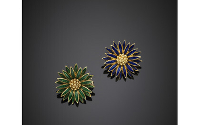 Two yellow gold and enamel flower brooches, g 11.25.Read more