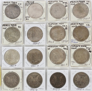 U.S. MORGAN PEACE STERLING SILVER 1.00 COINS 1879 1928 16 COINS