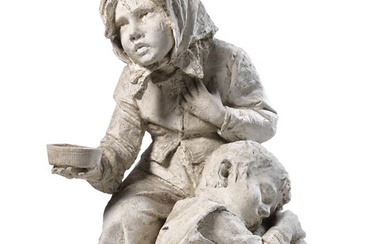 Ignoto scultore scuola napoletana fine XIX secolo, Una bambina chiede l'elemosina mentre il fratellino dorme