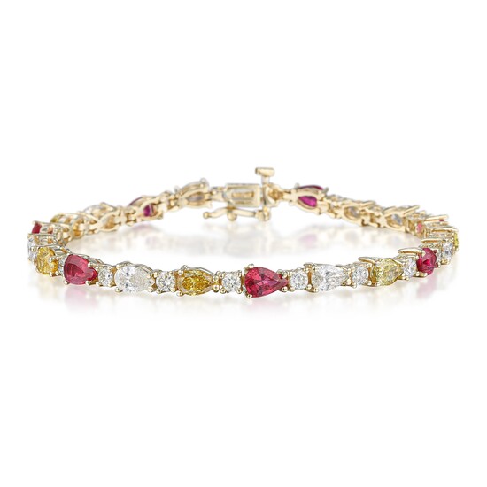 Unheated Ruby and Multi-Colored Diamond Tennis Bracelet