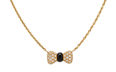 VAN CLEEF &amp; ARPELS, YELLOW GOLD, DIAMOND AND ONYX BOW NECKLACE