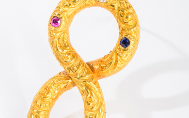 VICTORIAN/EDWARDIAN 14K YELLOW GOLD AND RED, WHITE AND BLUE JEWELED...