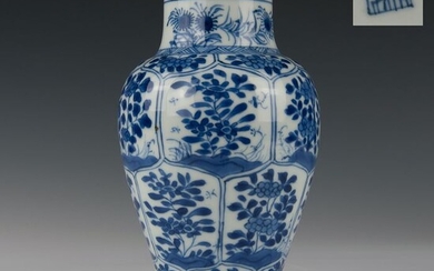Vase - marked (1) - Blue and white - Porcelain - Flowers and a bird inside lotus-shaped panels - China - Kangxi (1662-1722)