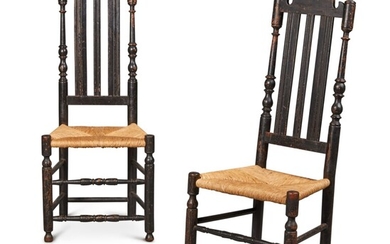 Very Rare Pair of William and Mary Black-Painted Banister-Back Maple Side Chairs, Southeastern Pennsylvania, Circa 1725