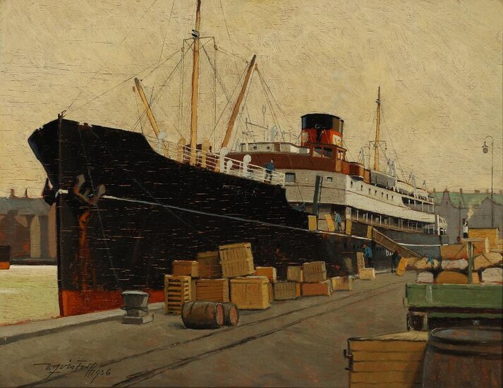 SOLD. Victor Qvistorff: View from a harbour with a ship being loaded. Signed and dated V. Qvistorff 1936. Oil on board. 33.5 x 42.5 cm. – Bruun Rasmussen Auctioneers of Fine Art