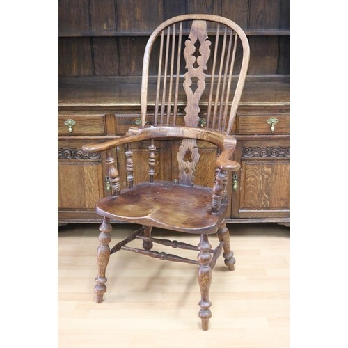 Victorian style beech & elm Windsor armchair with pierced sp...