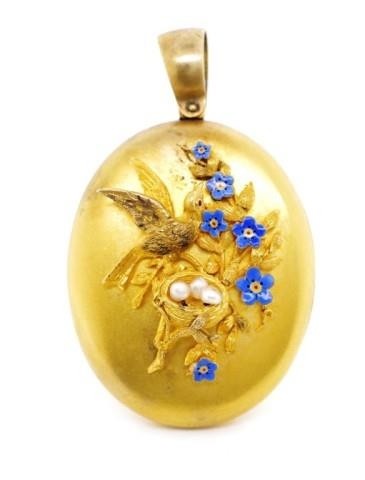 Victorian yellow gold locket with applied enamel forget me n...