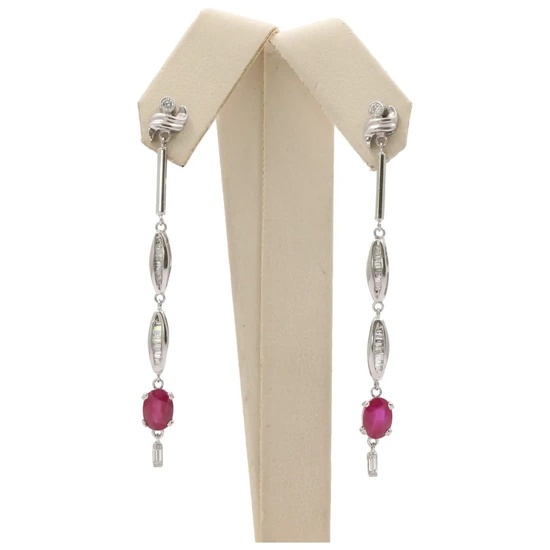 Vintage 14K White Gold Hanging Ruby Diamond Earrings