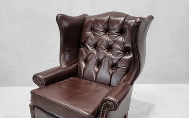 Vintage English Chesterfield Style Wingback Chair Newly Upholstered in Leather