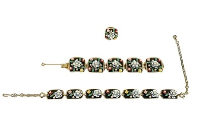 Vintage Fashion Jewelry Set with Black Enamel and Floral Design