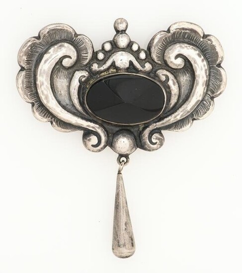 Vintage Mexican Repousse Silver Onyx Drop Brooch