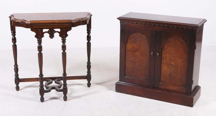 Walnut 2-door cabinet, mahogany console table