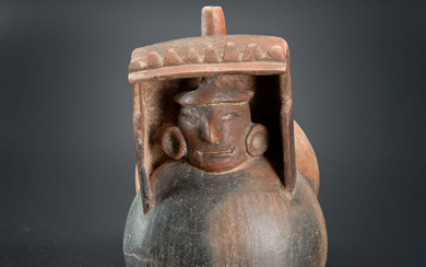 Whistling Double-Chambered Vessel: A Man's Head Inside a House-like Structure, Viru-Gallinazo, Peru, 200 BCE- 400 CE