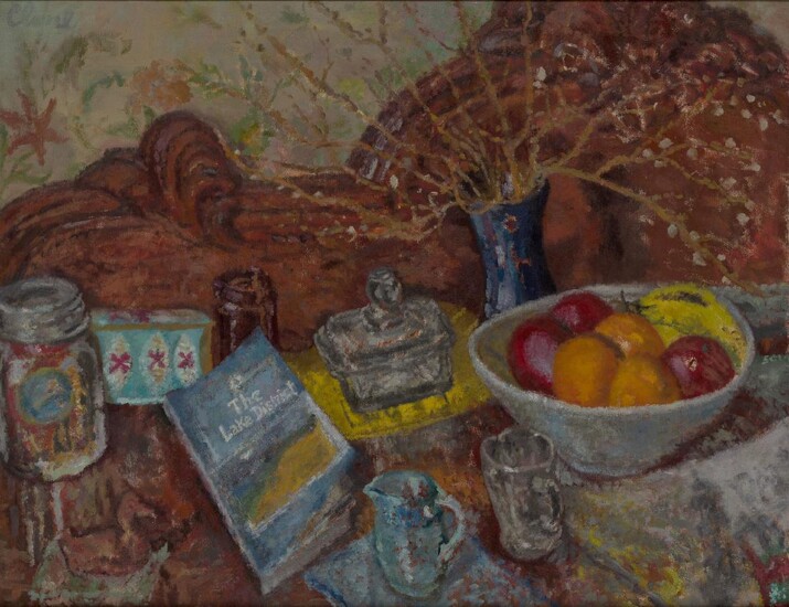 William D. Clyne, Scottish 1922-1981- Still life on sideboard; oil on canvas, signed upper left 'Clyne', 71 x 91.5 cm (ARR)