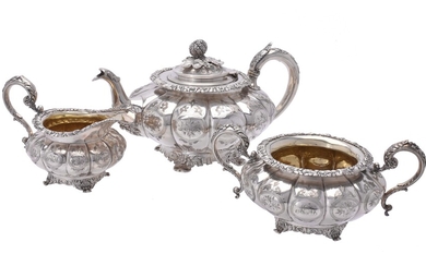 Y A George and William IV matched silver circular lobed three piece tea set by William Bateman II