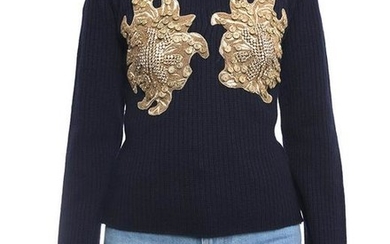 Y Project Fall 2018 Navy Wool Sweater with Gold Jewel