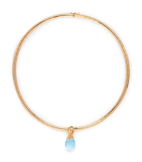 YELLOW GOLD, BLUE TOPAZ AND DIAMOND PENDANT/NECKLACE