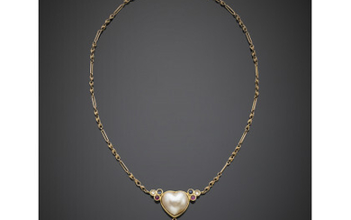 Yellow and pink gold chain necklace with a heart shaped mabé pearl central accented with diamonds, rubies and sapphires, g…Read more