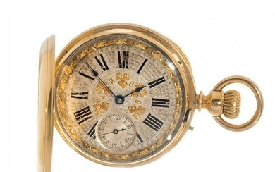 Yellow gold saboneta pocket watch. France. Dial with engraved decoration, Roman numerals
