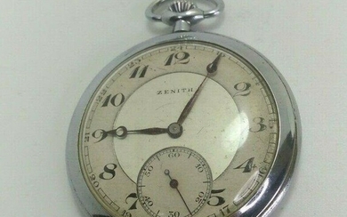 ZENITH ART DECO NICKEL CHROME OPEN FACE POCKET WATCH WITH SECOND FUNCTION