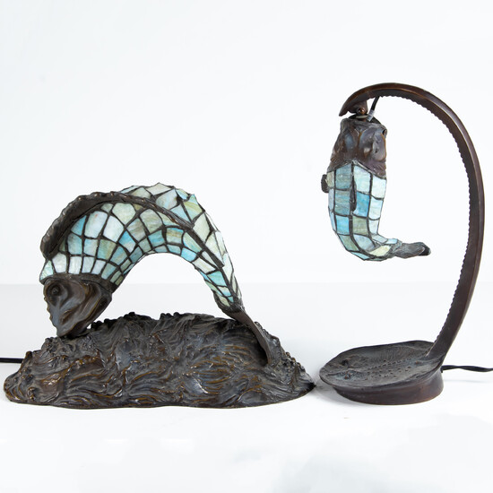 (lot of 2) Contemporary leaded glass fish form table lamps