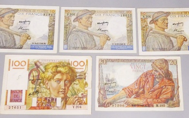 un lot de cinq petits billets français 1 x 100 F, 1 x 20 F...