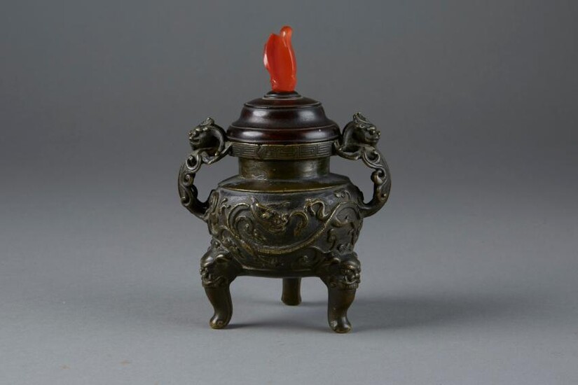 Ming Chinese Bronze Tripod Censer and Lid